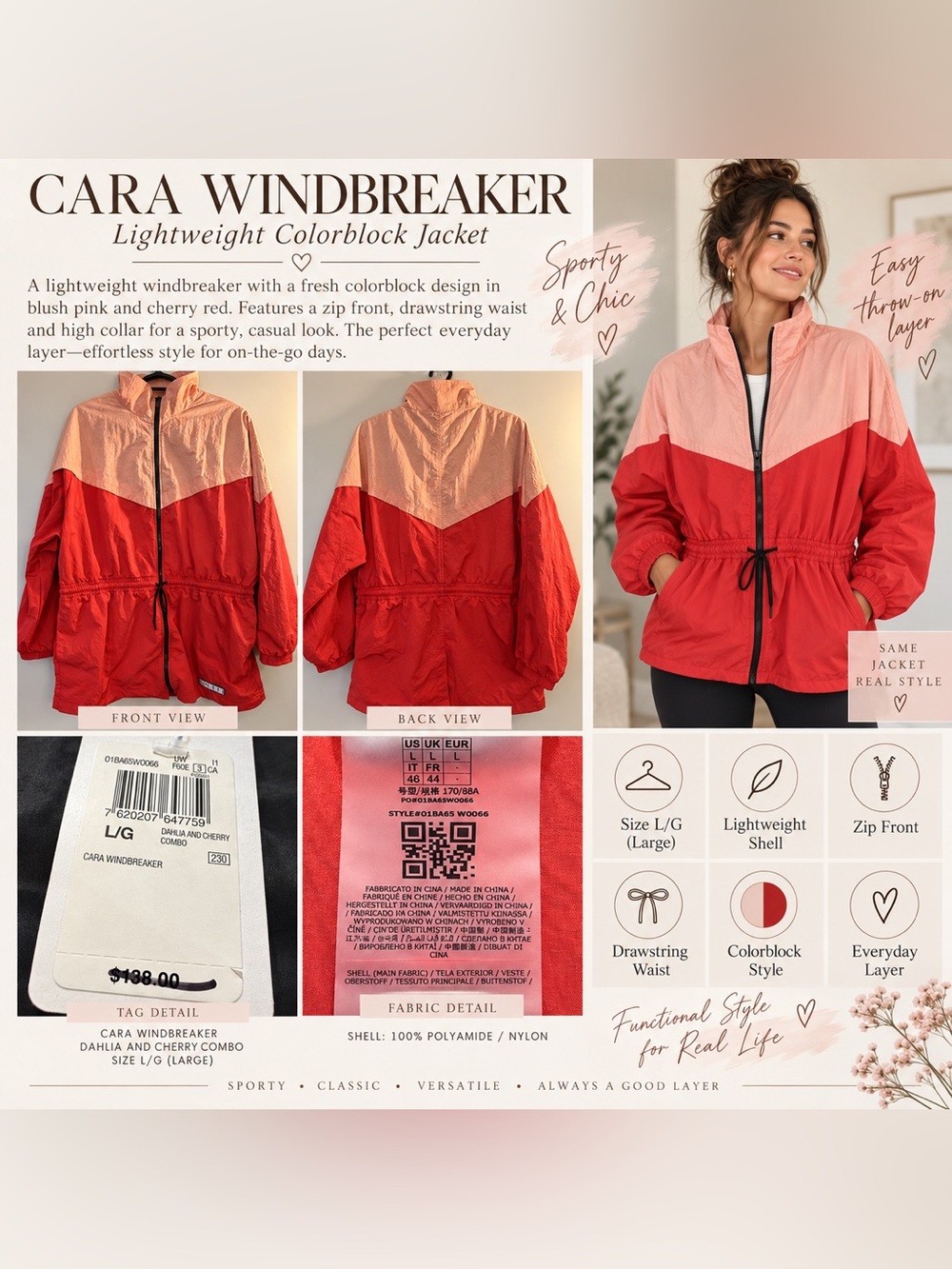 Lightweight Colorblock Windbreaker Jacket - Pink & Red